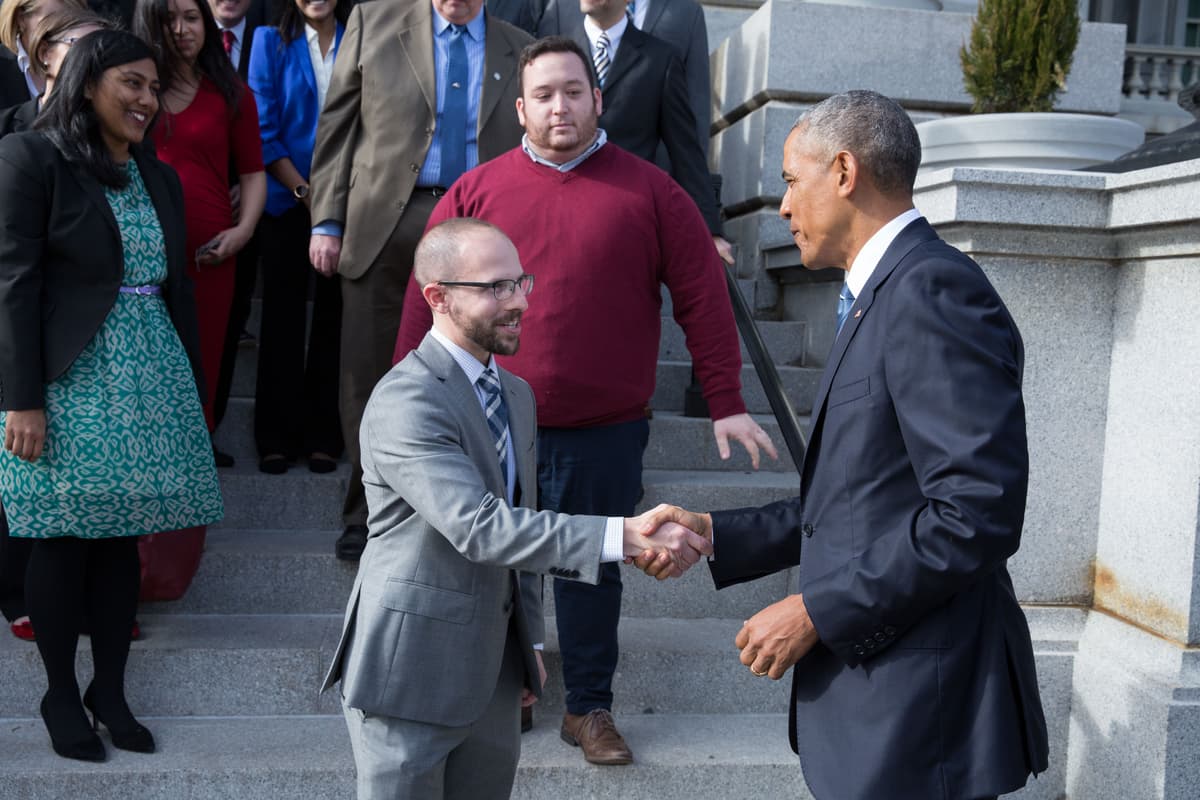 Me shaking hands with President Obama on the Navy Steps of the Eisenhower Executive Office Building, outside the West Wing of the White House.