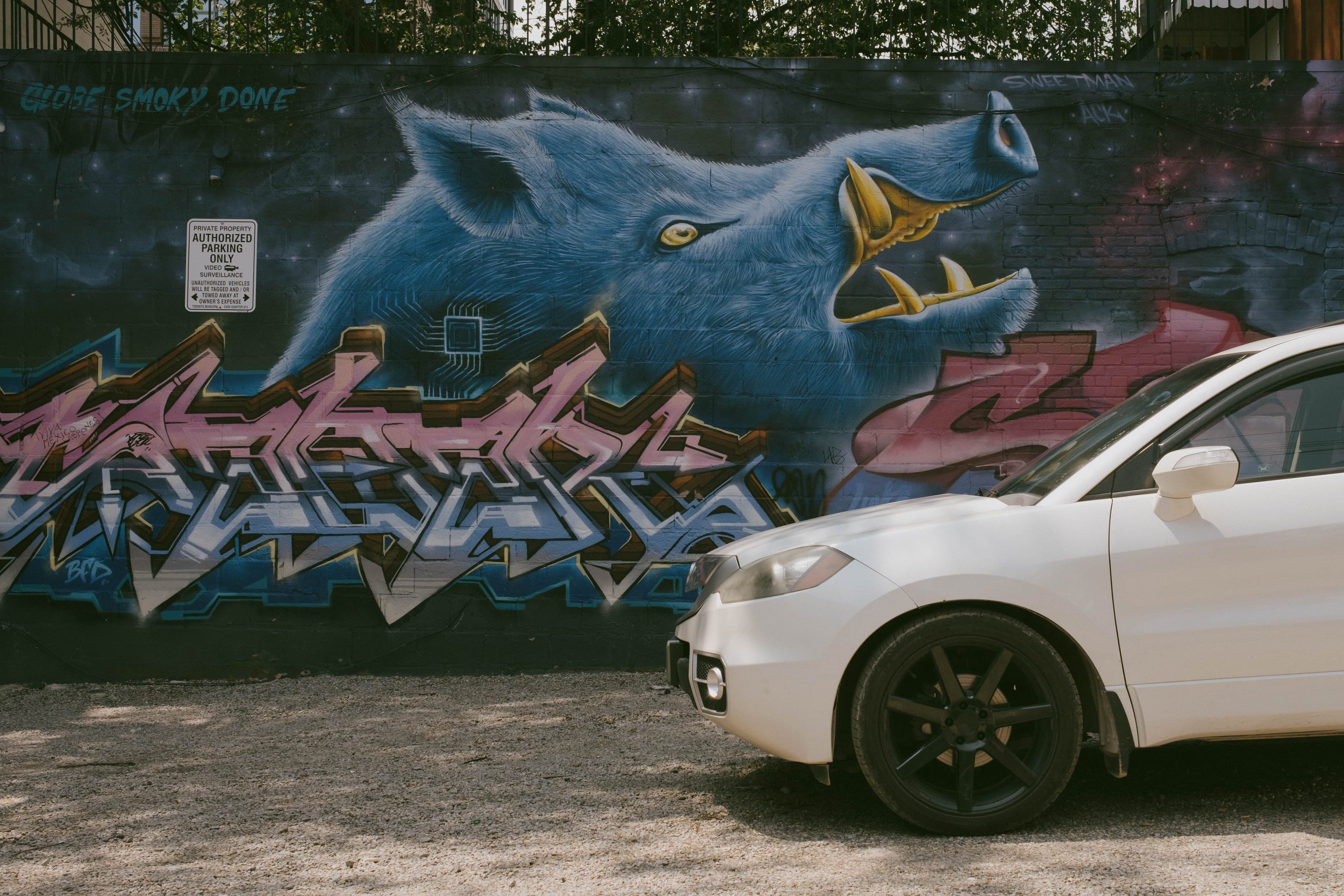 Wall mural behind a building