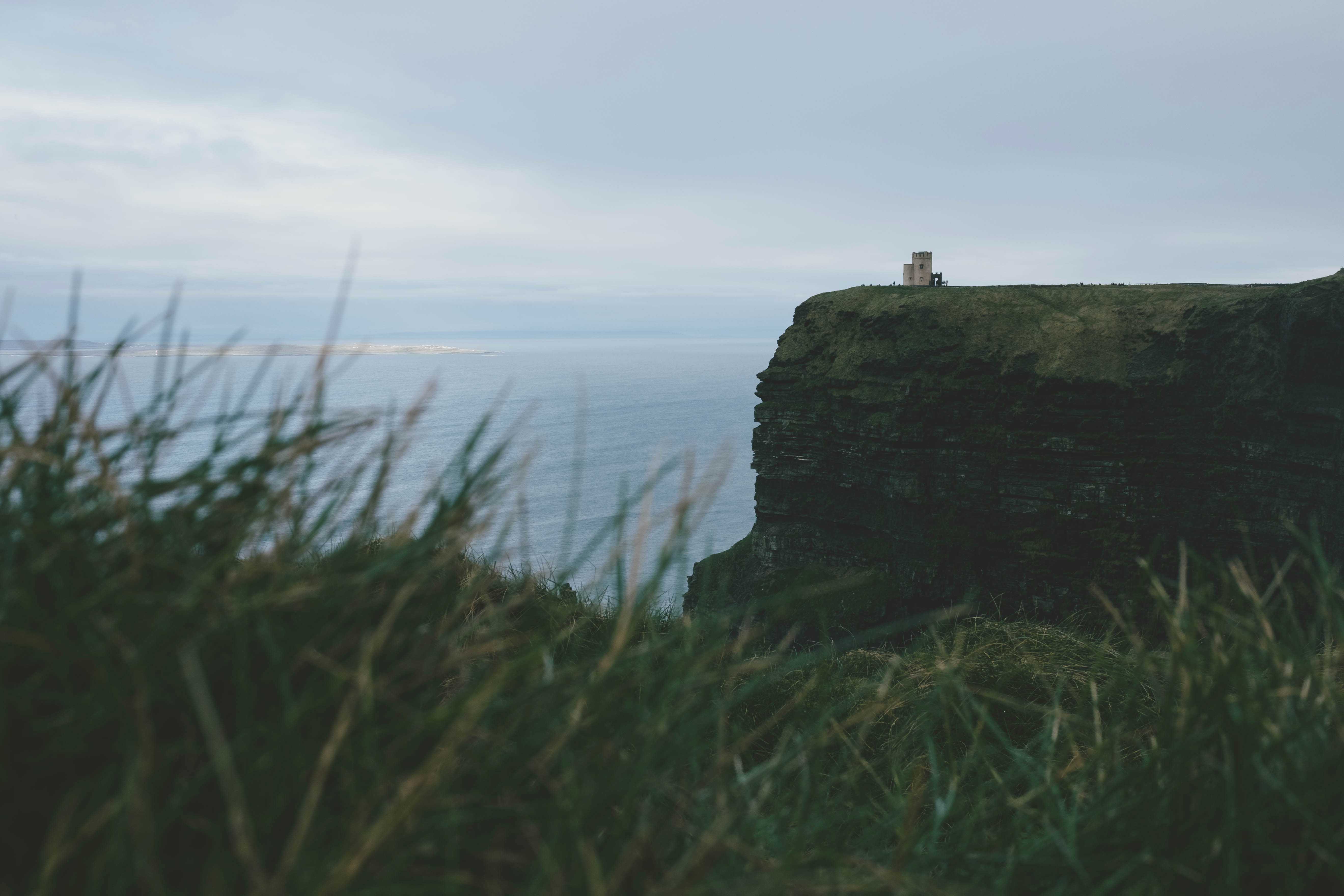 Looking north at the tower on the cliffs. Arran Islands are visible