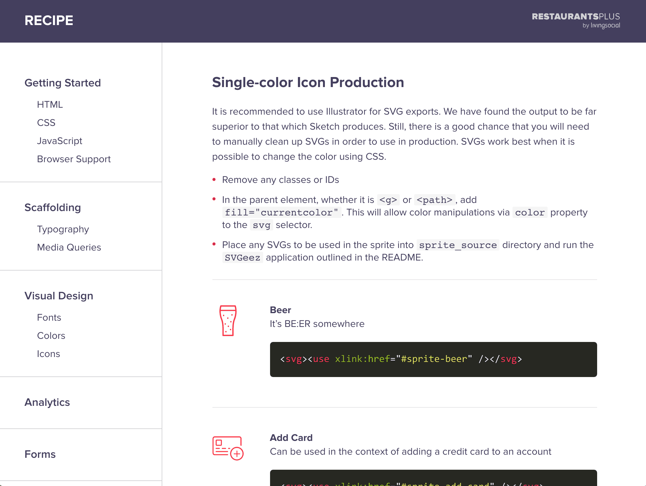 screenshot of Recipe documentation page