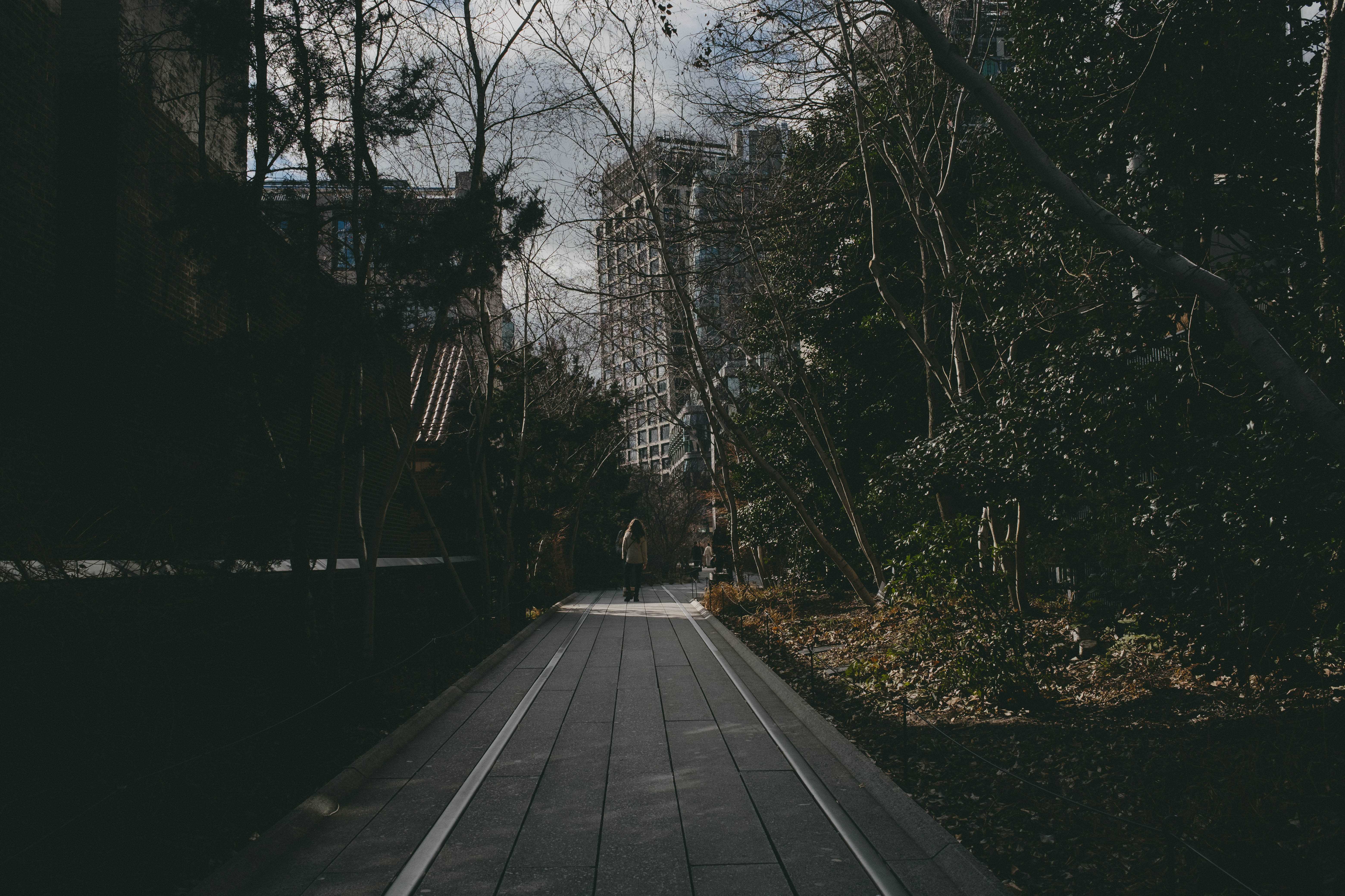 Leading lines of the High Line path with a woman standing eerily at the end