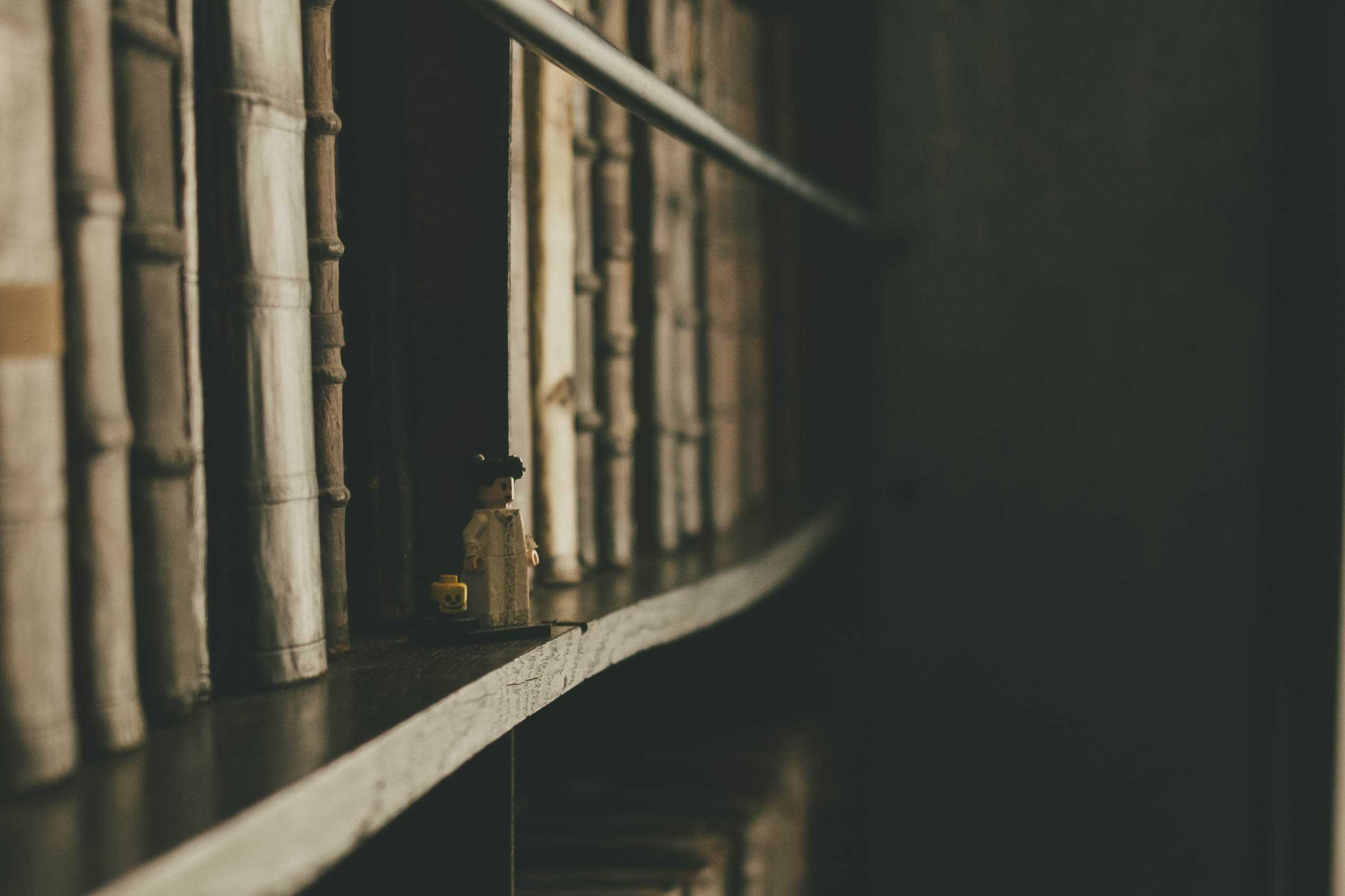 A lego figure, likely an Irish author, on a bookshelf